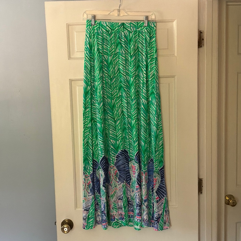Lilly Pulitzer Ruari Maxi Skirt Toucan Green Costa Verde Elephant Print M Jungle
